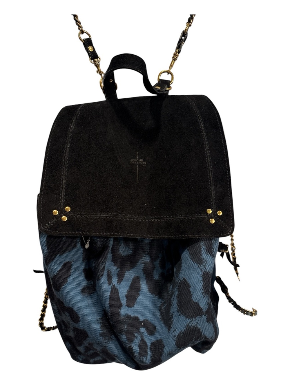 Jerome Dreyfuss Black Suede and Blue Leopard-Print Backpack with Gold accents